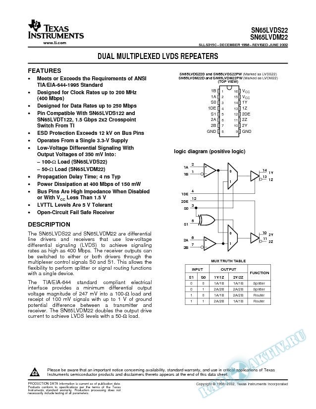 Dual Multiplexed LVDS Repeaters (Rev. C)