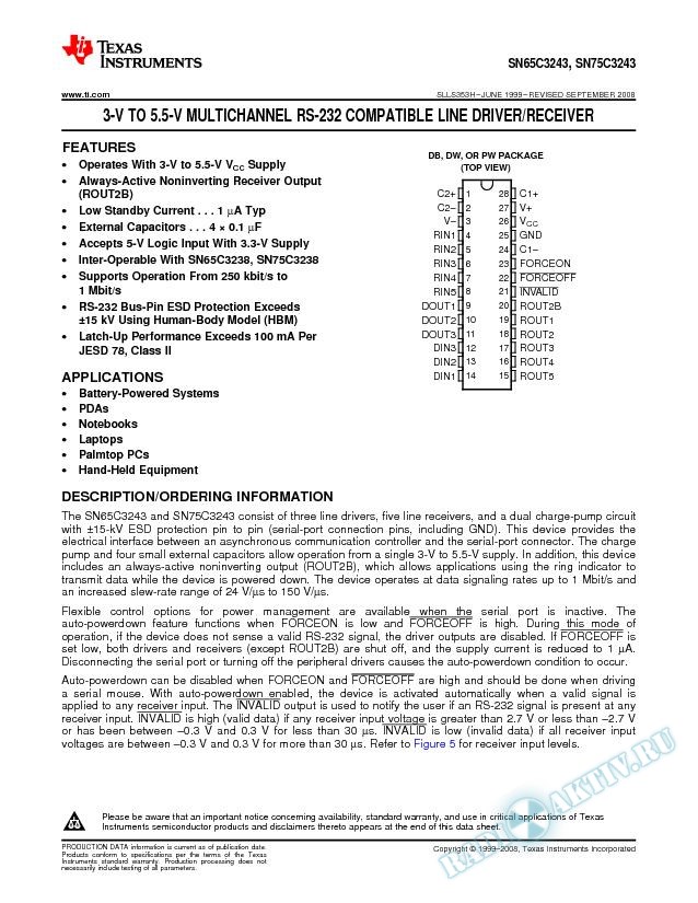 3-V to 5.5-V Multichannel RS-232 Compatible Line Driver/Receiver (Rev. H)