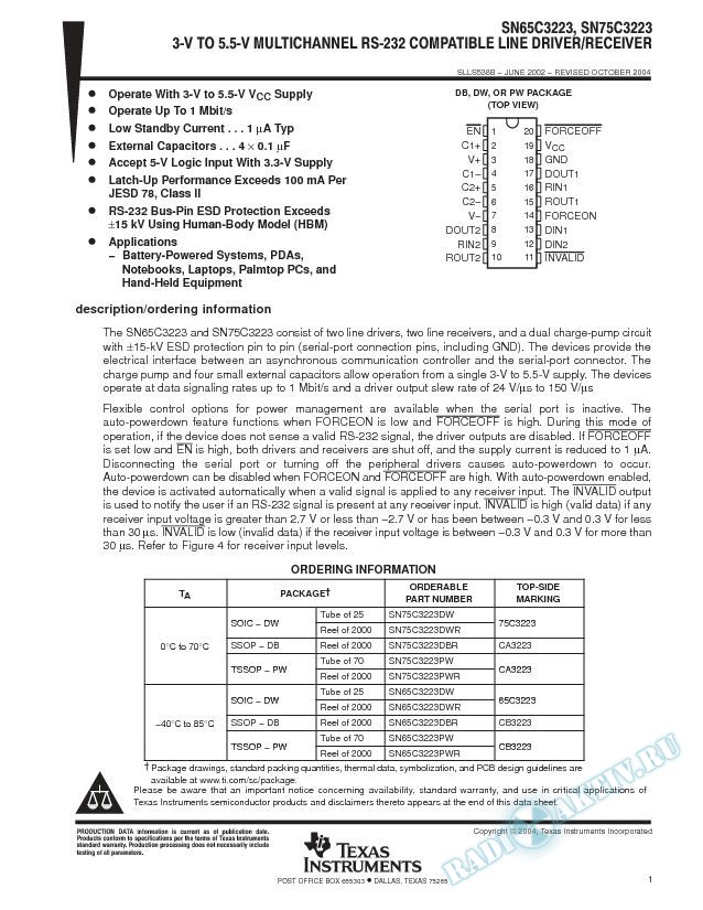 3-V to 5-V Multichannel RS-232 Compatible Line Driver/Receiver (Rev. B)