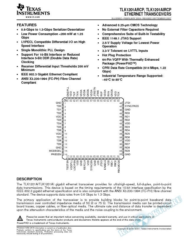TLK1201A, TLK1201AI:  Ethernet Transceivers (Rev. D)