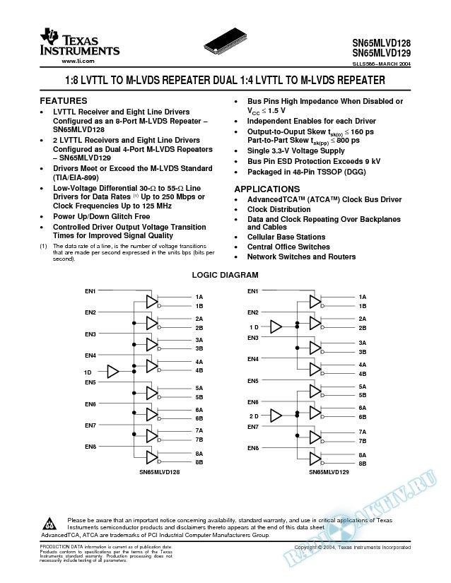SN65MLVD128/129 - 1:8 LVTTL to M-LVDS Repeater, Dual 1:4 LVTTL to M-LVDS Repeate