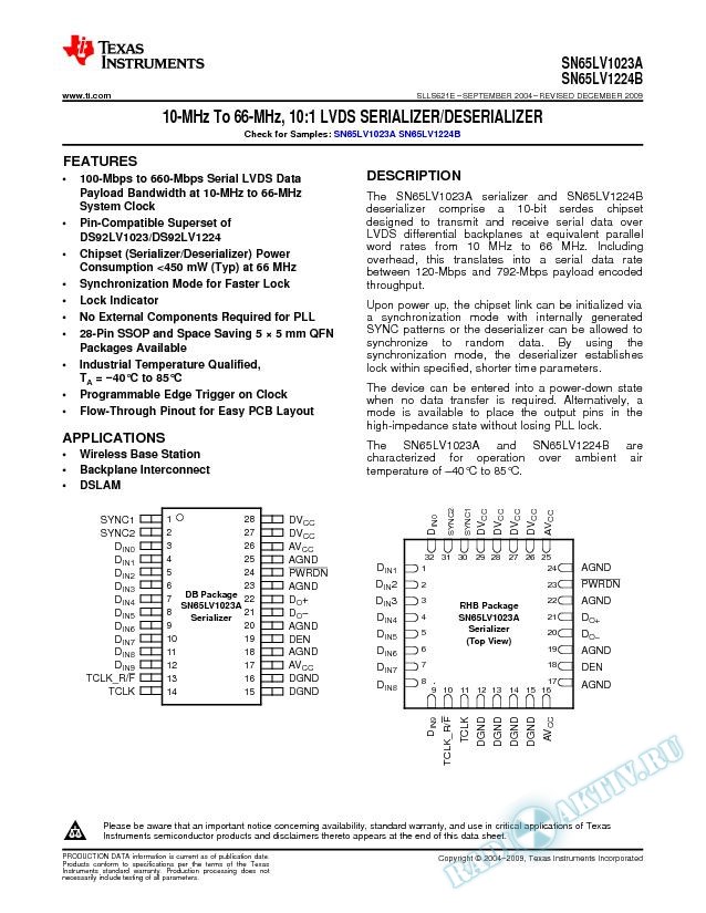 10-MHz to 66-MHz, 10:1-LVDS Serializer/Deserializer (Rev. E)