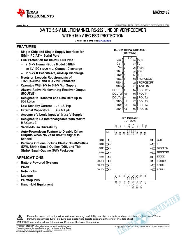3-V to 5.5-V Multichannel RS-232 Line Driver/Receiver (Rev. D)