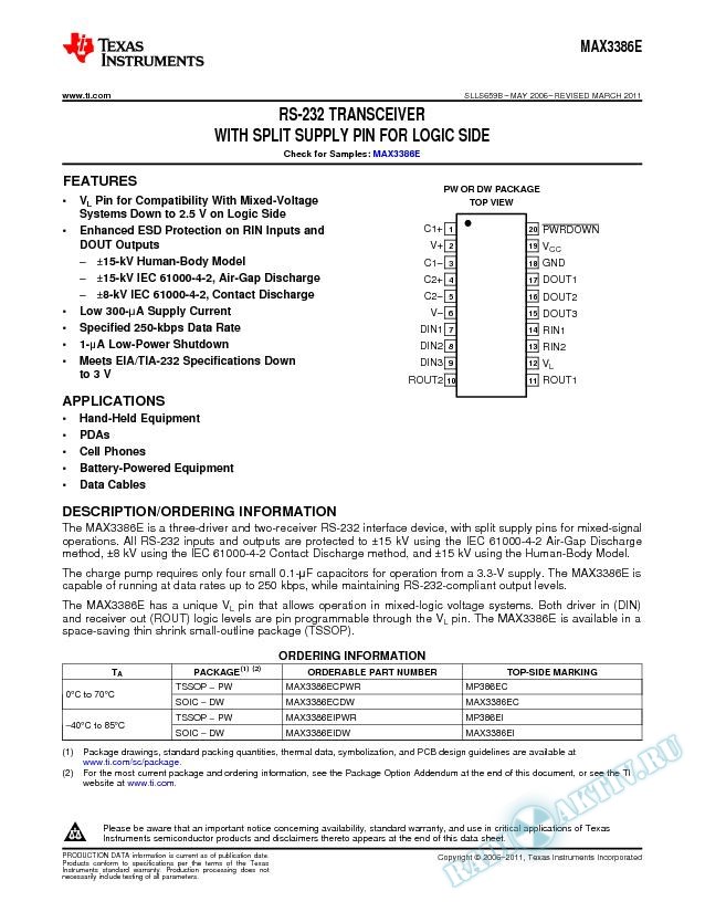 RS-232 Transceiver With Split Supply Pin for Logic Side, MAX3386E (Rev. B)