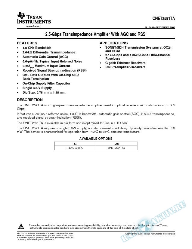 2.5 Gbps Transimpedance Amplifier with AGC and RSSI