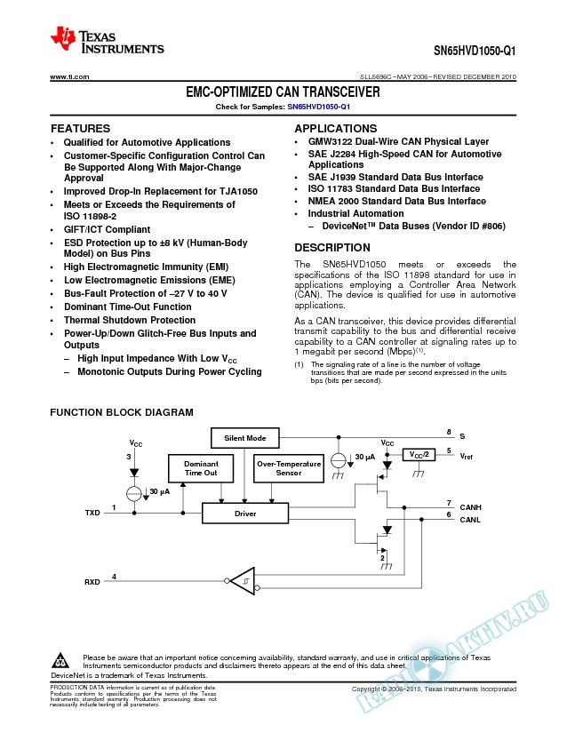 EMC-Optimized CAN Transceiver - SN65HVD1050-Q1 (Rev. C)