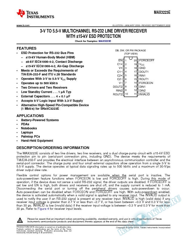 MAX3223E 3-V to 5.5-V Multichannel RS-232 Line Driver/Receiver (Rev. A)