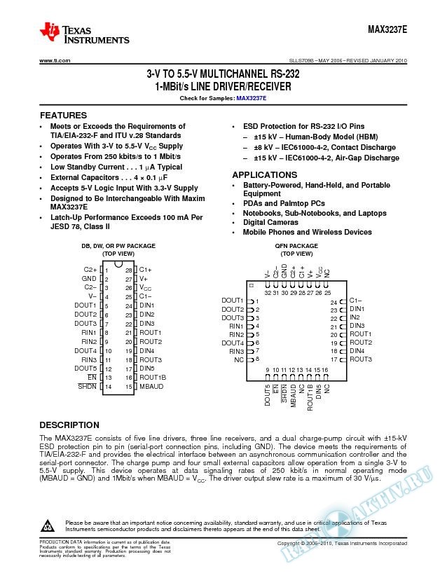 MAX3237E 3-V TO 5.5-V Multichannel RS-232 1-MBit/s Line Driver/Receiver (Rev. B)