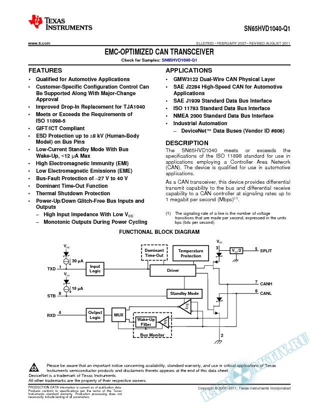 EMC-Optimized CAN Transceiver - SN65HVD1040-Q1 (Rev. D)
