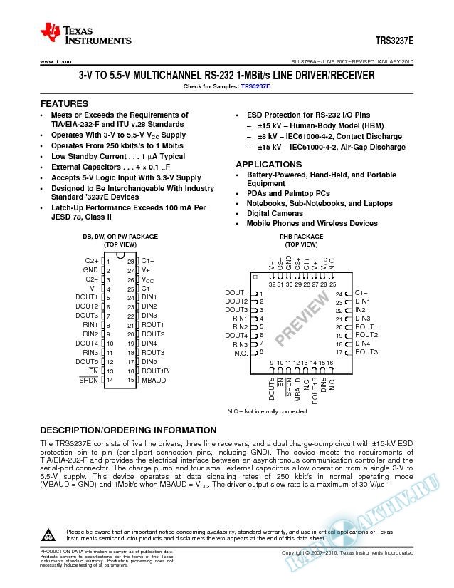 3-V to 5.5-V Multichannel RS-232 1-MBit/s Line Driver/Receiver (Rev. A)