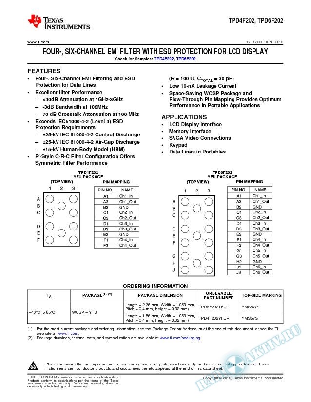 TPD4F202, TPD6F202 Four- and Six-Channel EMI Filter for LCD Display Application