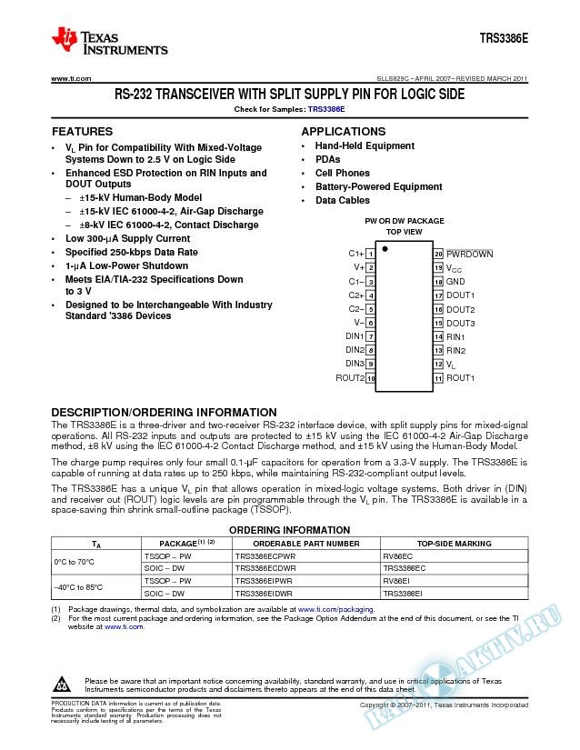 RS-232 Transceiver With Split Supply Pin For Logic Side, TRS3386E (Rev. C)