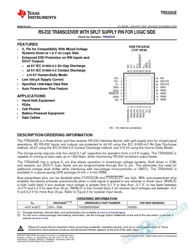 TRS3253E RS-232 Transceiver With Split Supply Pin for Logic Side (Rev. B)