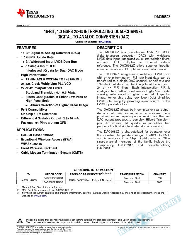 16-Bit 1.0 GSPS 2x-4x Interpolating Dual-Channel DAC Converter . (Rev. E)