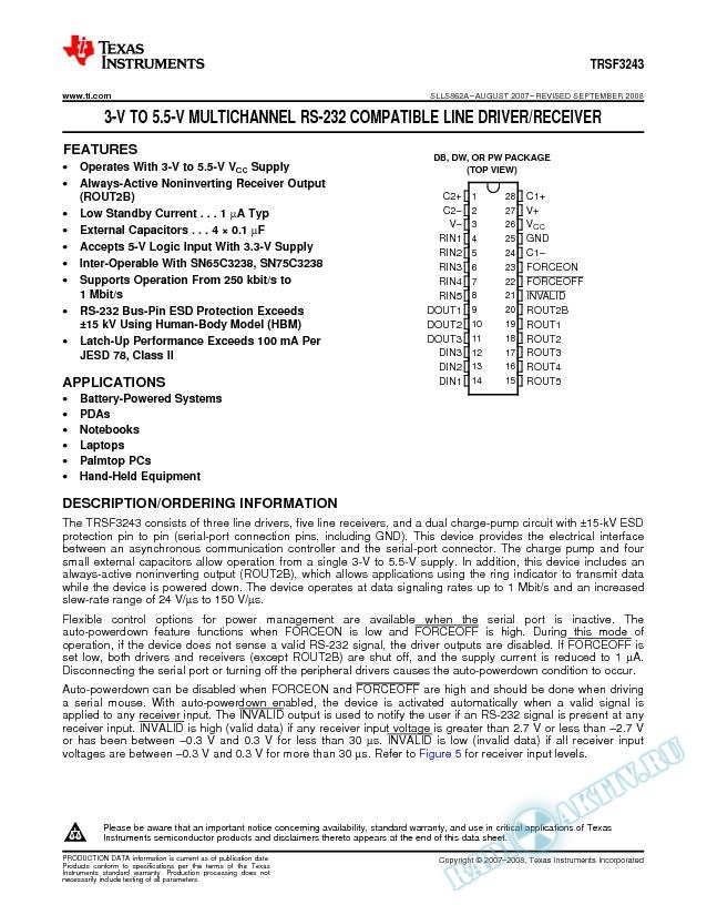 3-V to 5.5-V Multichannel RS-232 Compatible Line Driver/Receiver (Rev. A)