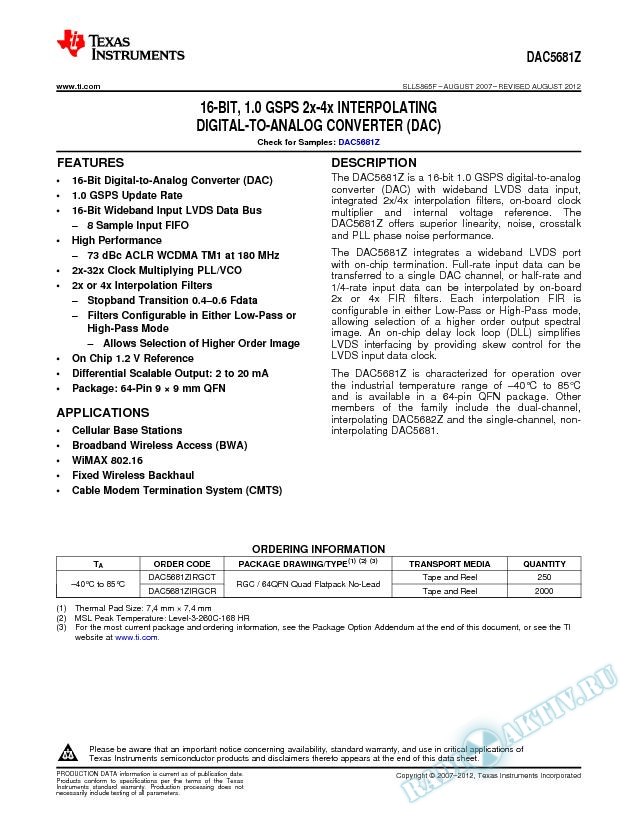 16-BIT, 1.0 GSPS 2x-4x INTERPOLATING DAC. (Rev. F)