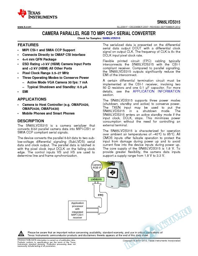 CAMERA PARALLEL RGB TO MIPI CSI-1 SERIAL CONVERTER. (Rev. F)