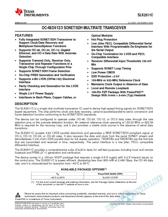 OC-48/24/12/3 Sonet/SDH Multirate Transceiver