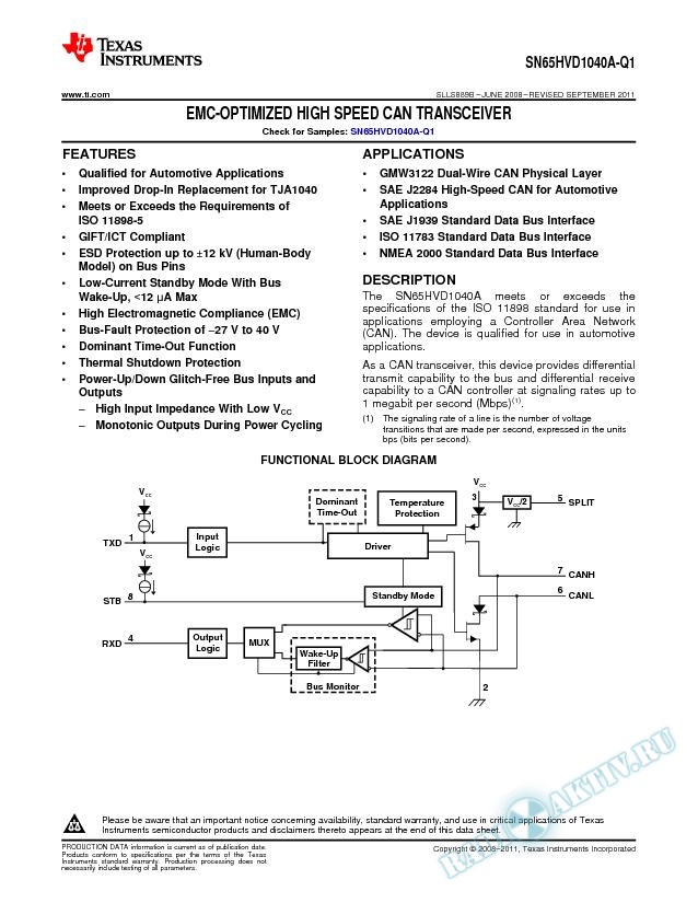 EMC Optimized CAN Transceiver - SN65HVD1040A-Q1. (Rev. B)