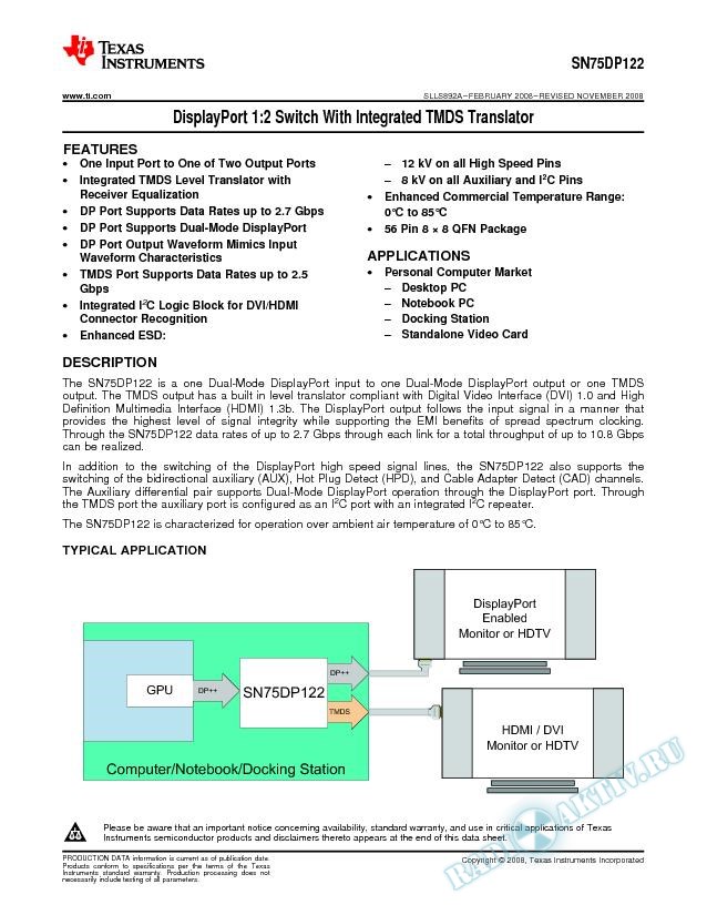 DisplayPort 1:2 Switch With Integrated TMDS Translator (Rev. A)