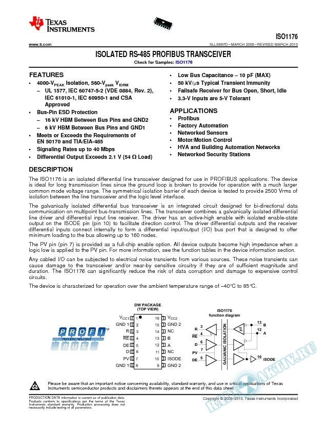 ISO1176 ISOLATED RS-485 PROFIBUS TRANSCEIVER (Rev. D)