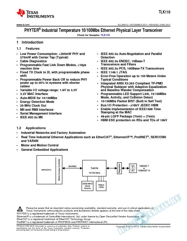 Industrial Temp, Single Port 10/100Mbs Ethernet PHY Transceiver, TLK110 (Rev. C)