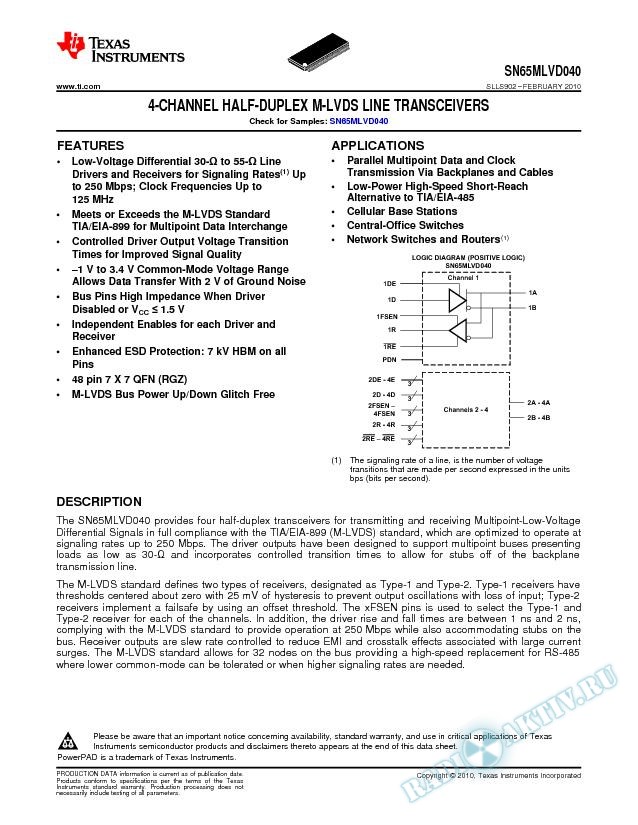 4-CHANNEL HALF-DUPLEX M-LVDS LINE TRANSCEIVERS