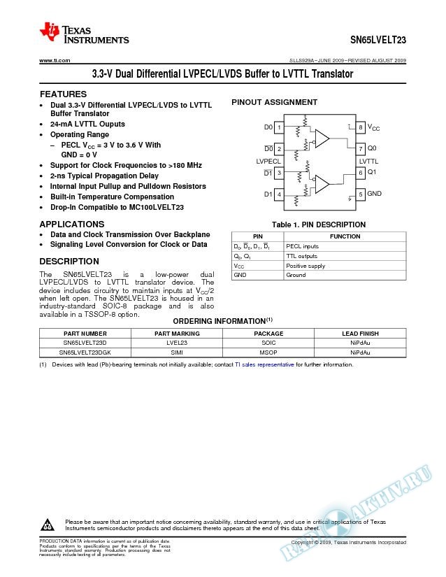 3.3V Dual Differential LVPECL/LVDS Buffer to LVTTL Translator (Rev. A)