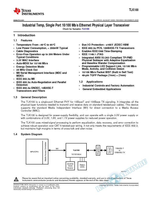 Industrial Ethernet PHY (Rev. B)