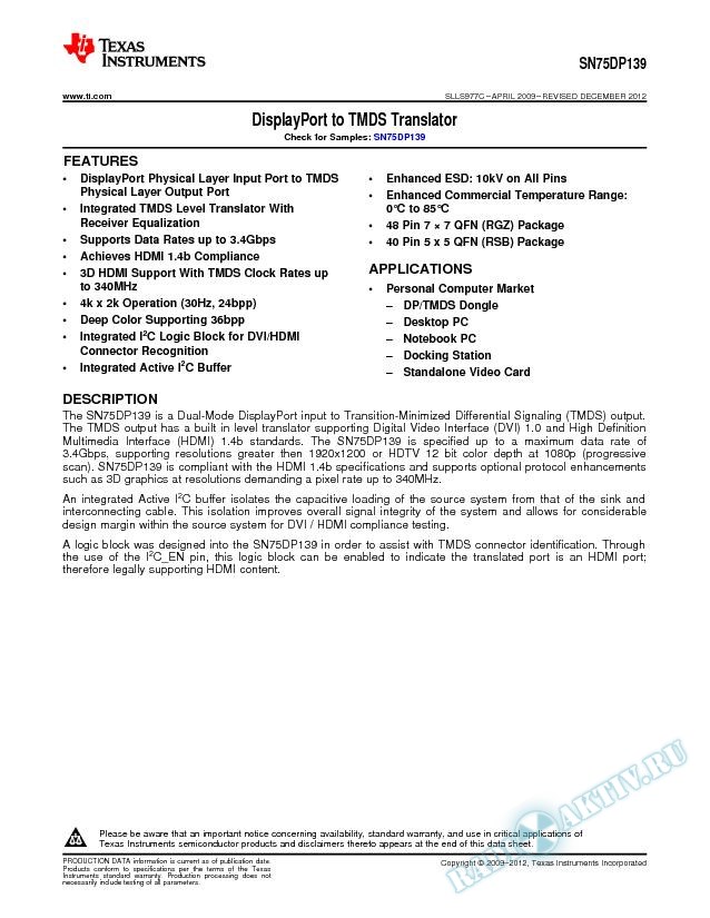 DP to HDMI level translator . (Rev. C)