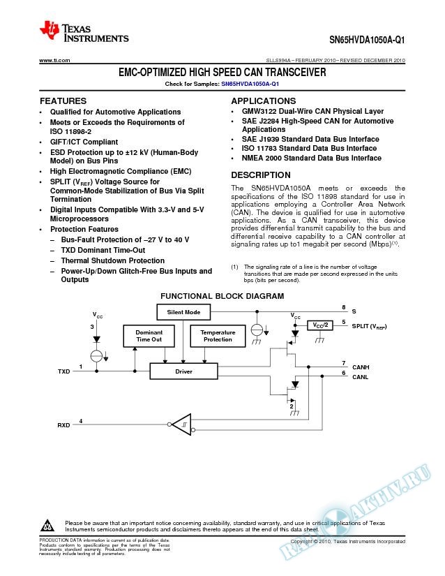 SN65HVDA1050A-Q1 EMC-Optimized High-Speed CAN Transceiver (Rev. A)