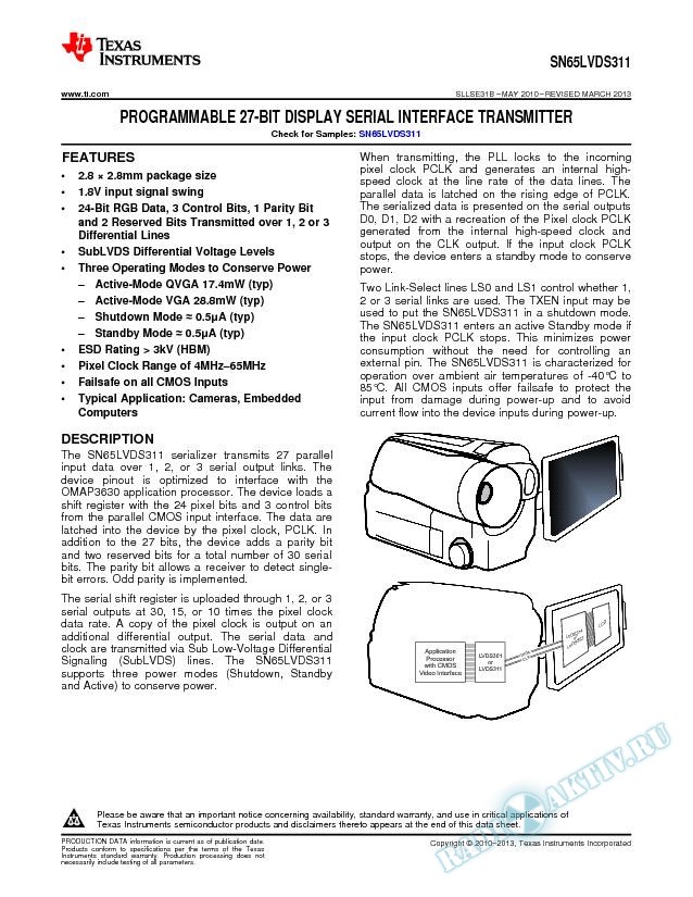 SN65LVDS311 Programmable 27 Bit Display Serial Interface Transmitter (Rev. B)