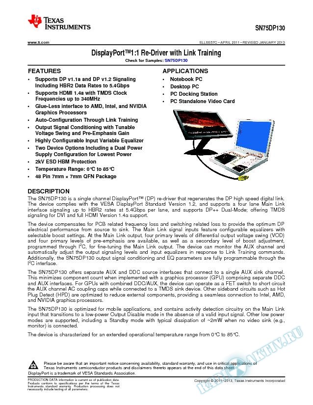 DisplayPort 1:1 Re-Driver with Link Training. (Rev. C)