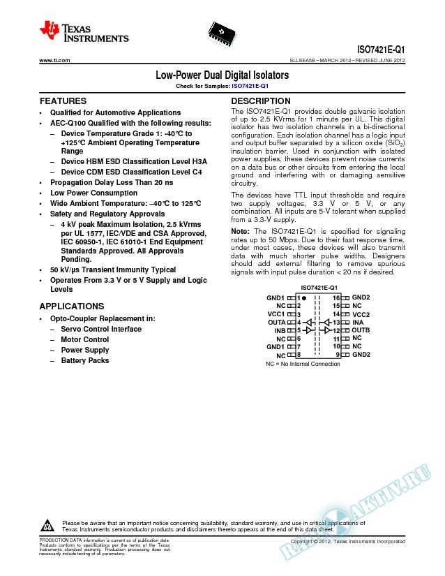 Low-Power Dual Digital Isolators, ISO7421E-Q1 (Rev. B)