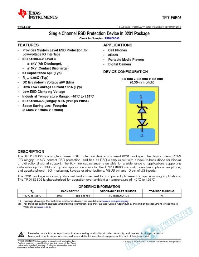Single Channel ESD Protection Device in 0201 Package, TPD1E6B06 (Rev. C)
