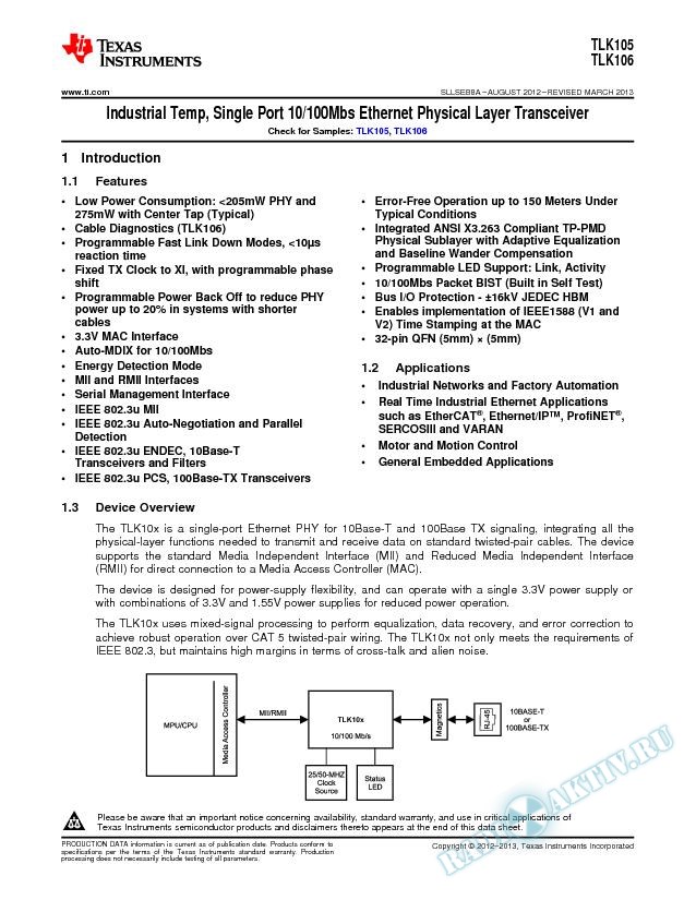 Industrial Temp, Single Port 10/100Mbs Ethernet PHY, TLK105/06 (Rev. A)