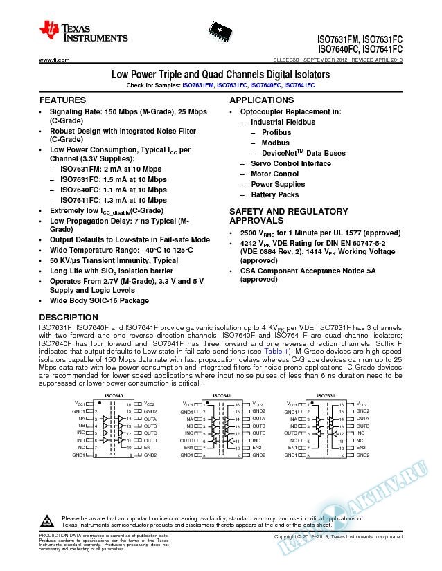 Low Power, Triple and Quad Channels Digital Isolators (Rev. B)