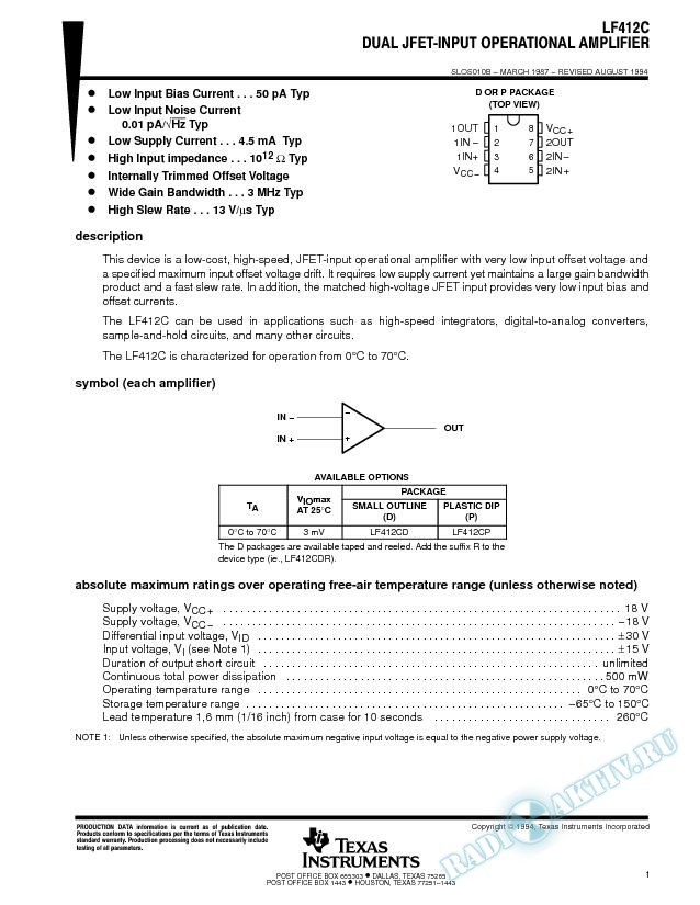 Dual JFET-Input Operational Amplifier (Rev. B)