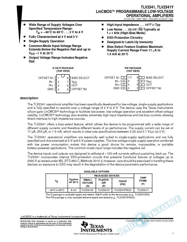 LinCMOS Programmable Low-Voltage Operational Amplifiers (Rev. A)