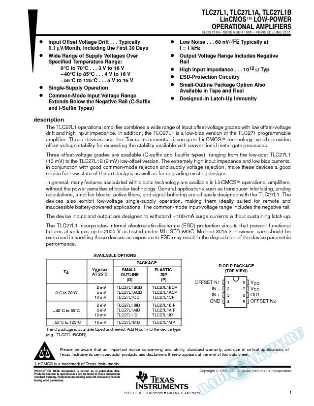 LinCMOS Low-Power Operational Amplifiers (Rev. B)