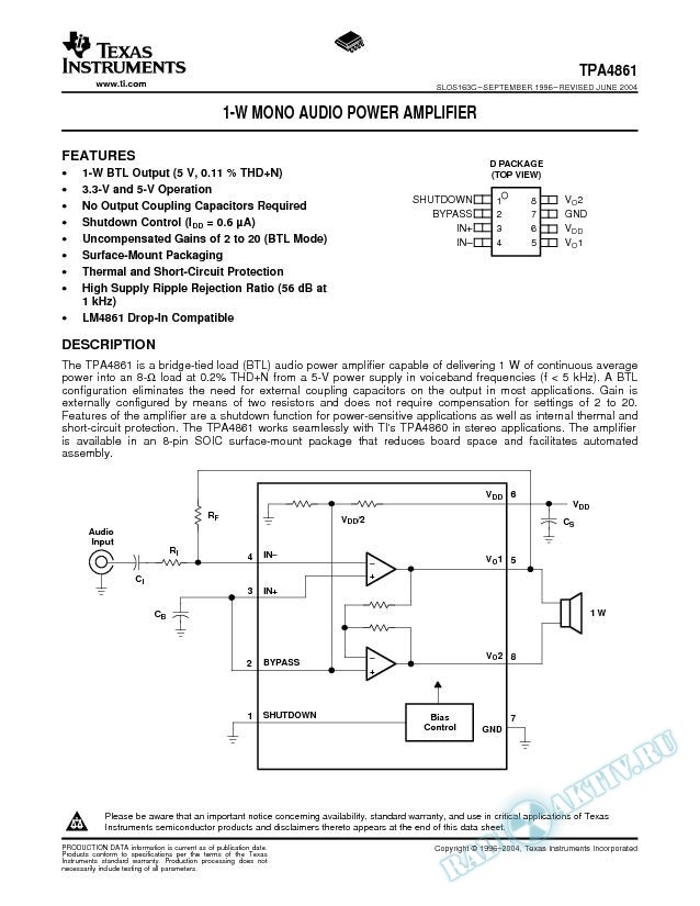 TPA4861: 1-W Mono Audio Power Amplifier (Rev. C)
