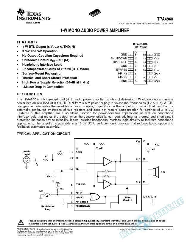 TPA4860: 1-Watt Audio Power Amplifier (Rev. B)