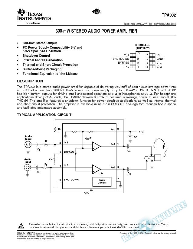 TPA302: 300-mW Stereo Audio Power Amplifier (Rev. C)