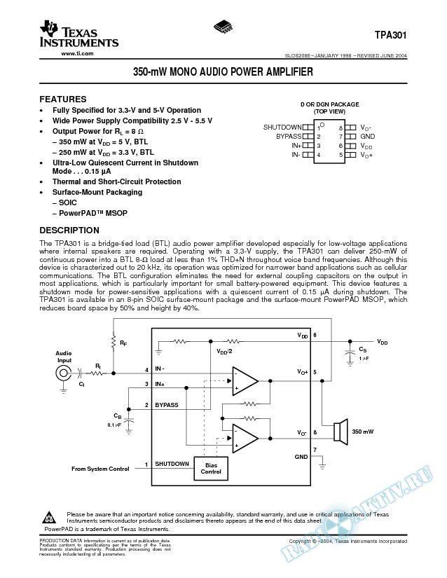 TPA301: 350-mW Mono Audio Power Amplifier (Rev. E)