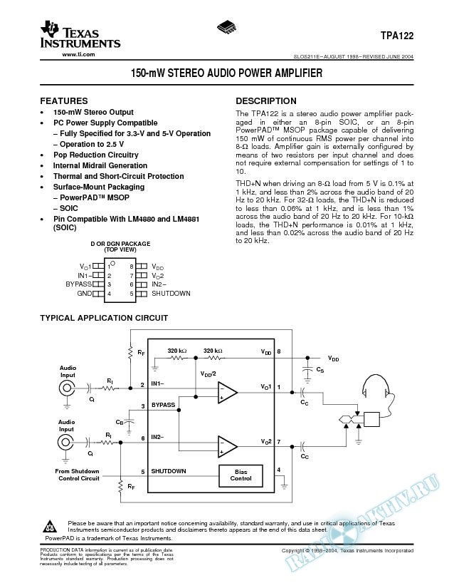 TPA122: 150-mW Stereo Audio Power Amplifier (Rev. E)