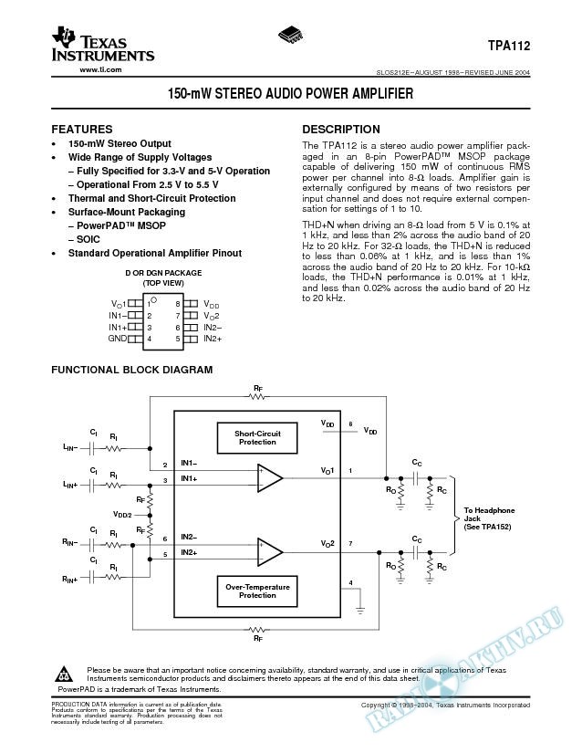 TPA112: 150-mW Stereo Audio Power Amplifier (Rev. E)
