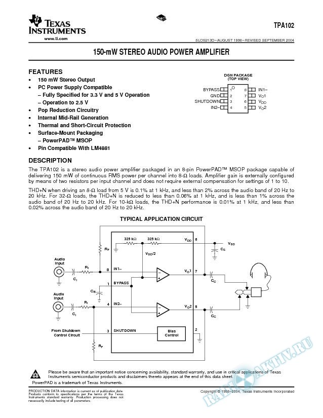 TPA102: 150-mW Stereo Audio Power Amplifier (Rev. D)