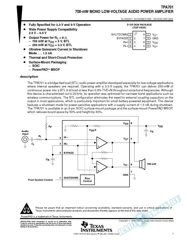 700-mW Low-Voltage Audio Power Amplifier (Rev. D)