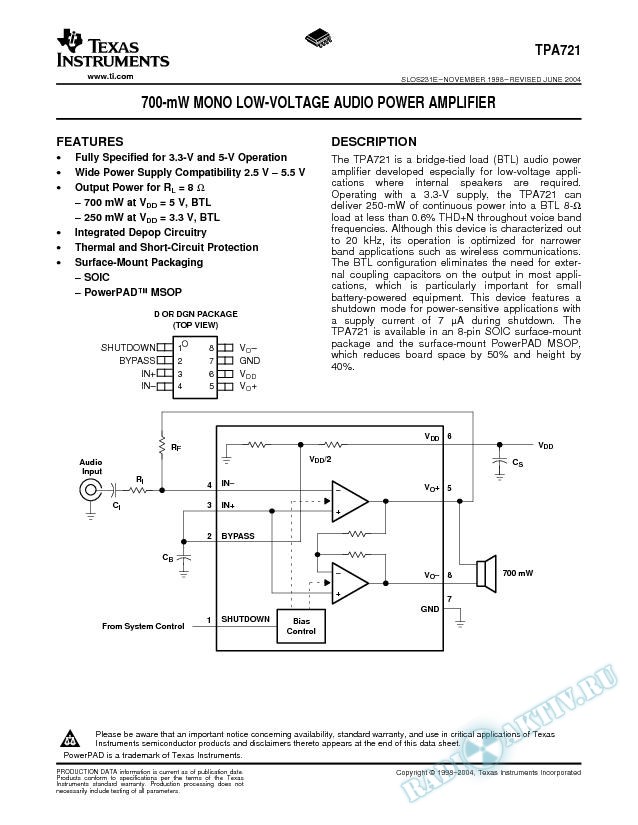 TPA721: 700-mW Mono Low-Voltage Audio Power Amplifier (Rev. E)