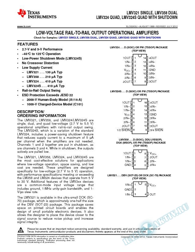 Low-Voltage Rail-to-Rail Output Operational Amplifier, LMV321 (Rev. U)